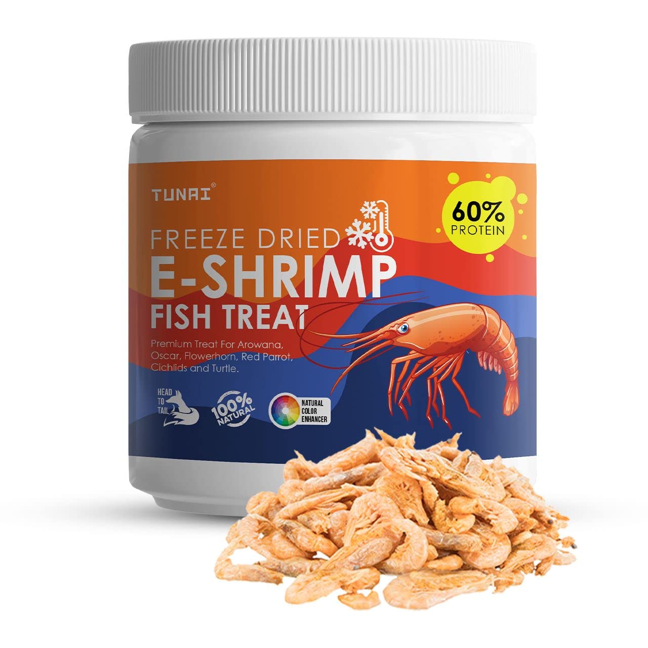Tunai Freeze-Dried E-Shrimp Fish Treat - 60% Protein (Premium Treat for Arowanas, Oscar, Flowerhorn, Red Parrot, Cichlids & Turtles)