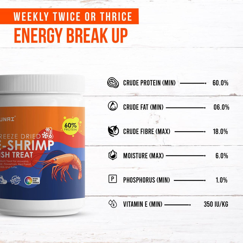 Tunai Freeze-Dried E-Shrimp Fish Treat - 60% Protein (Premium Treat for Arowanas, Oscar, Flowerhorn, Red Parrot, Cichlids & Turtles)