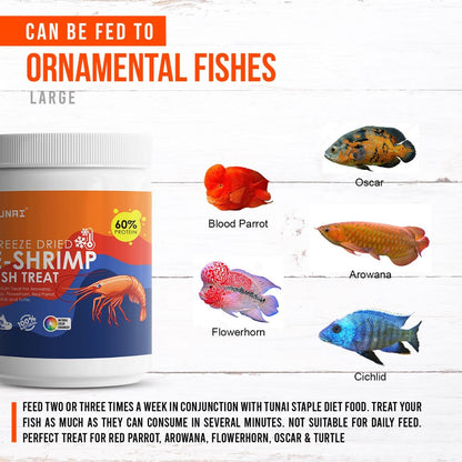 Tunai Freeze-Dried E-Shrimp Fish Treat - 60% Protein (Premium Treat for Arowanas, Oscar, Flowerhorn, Red Parrot, Cichlids & Turtles)