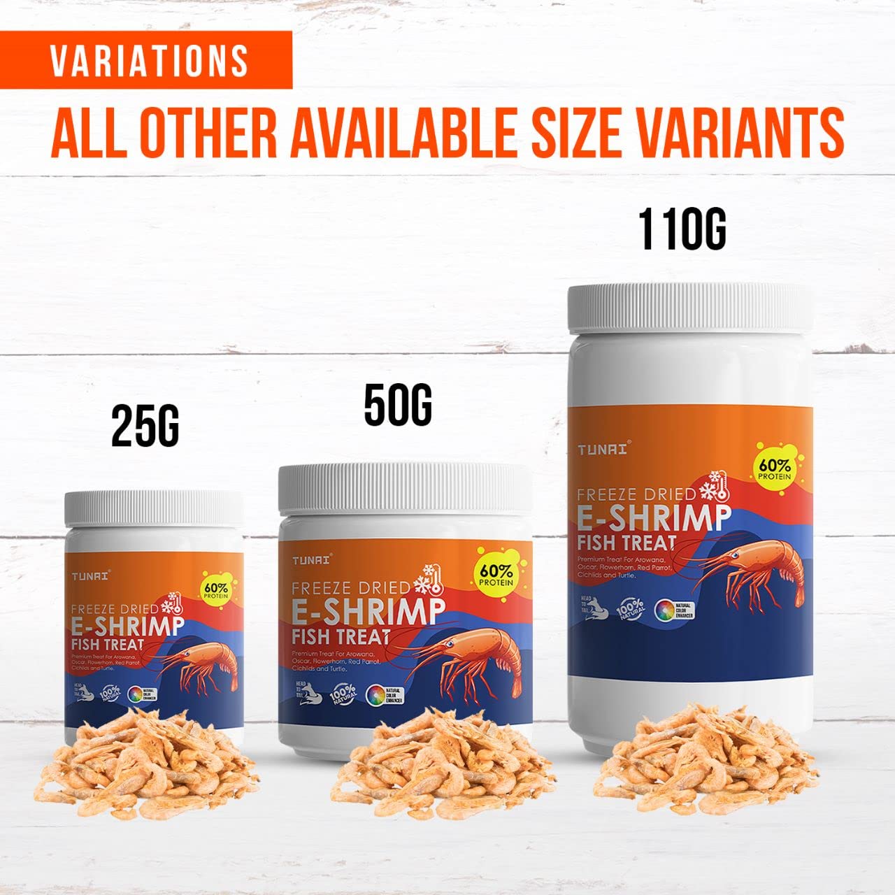 Tunai Freeze-Dried E-Shrimp Fish Treat - 60% Protein (Premium Treat for Arowanas, Oscar, Flowerhorn, Red Parrot, Cichlids & Turtles)