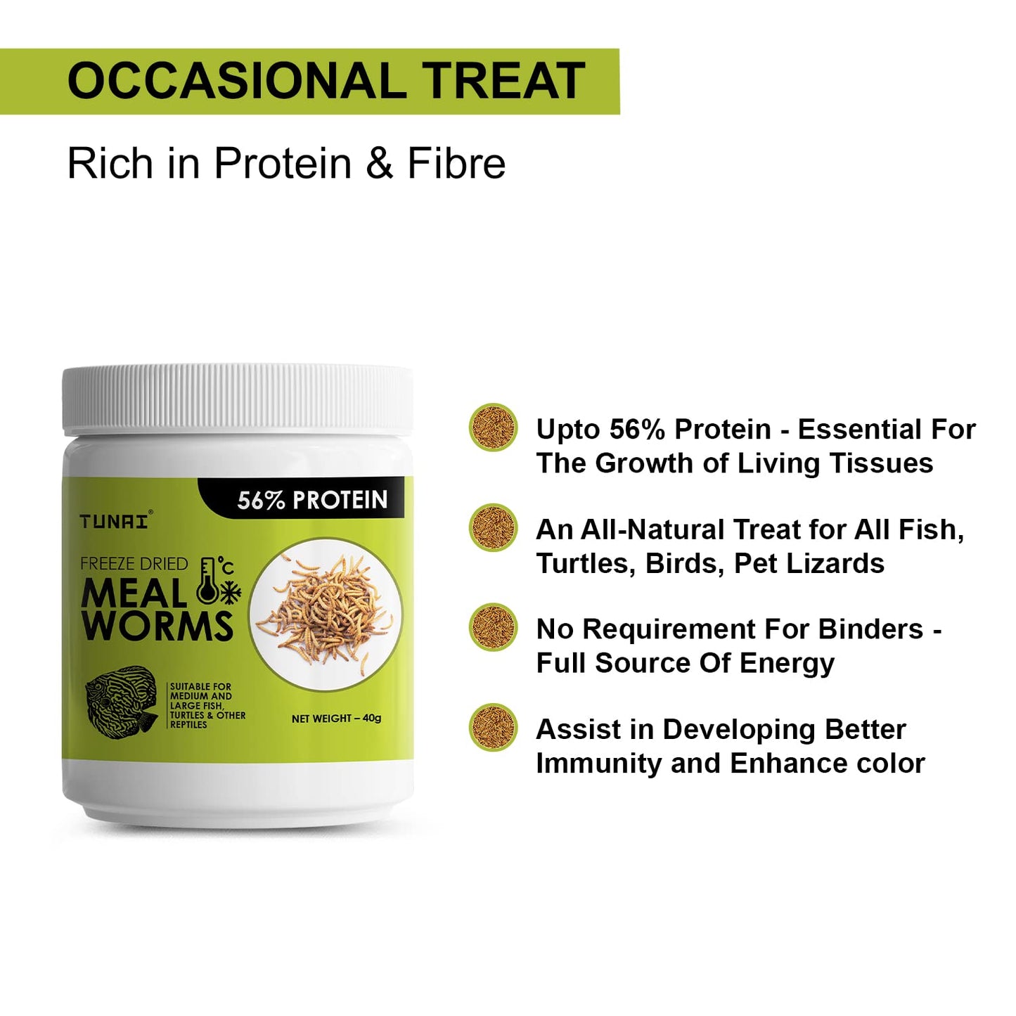 Tunai Freeze Dried Meal Worms - 56% Protein - Rich in Fibre (Suitable for Medium & Large Fish, Turtles & Other Reptiles)