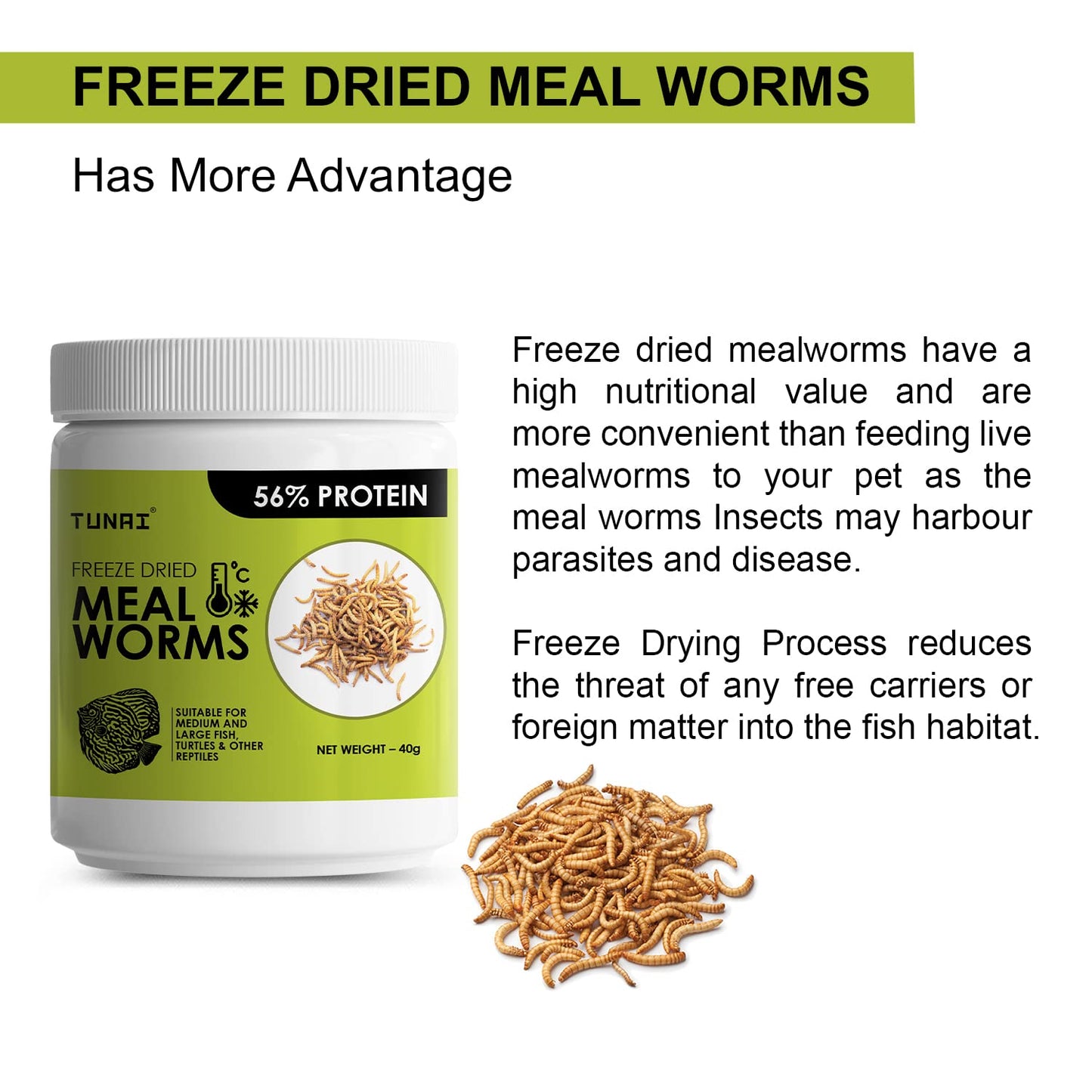 Tunai Freeze Dried Meal Worms - 56% Protein - Rich in Fibre (Suitable for Medium & Large Fish, Turtles & Other Reptiles)