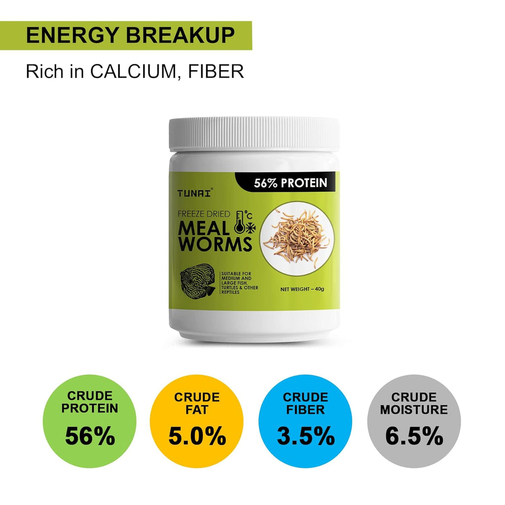 Tunai Freeze Dried Meal Worms - 56% Protein - Rich in Fibre (Suitable for Medium & Large Fish, Turtles & Other Reptiles)
