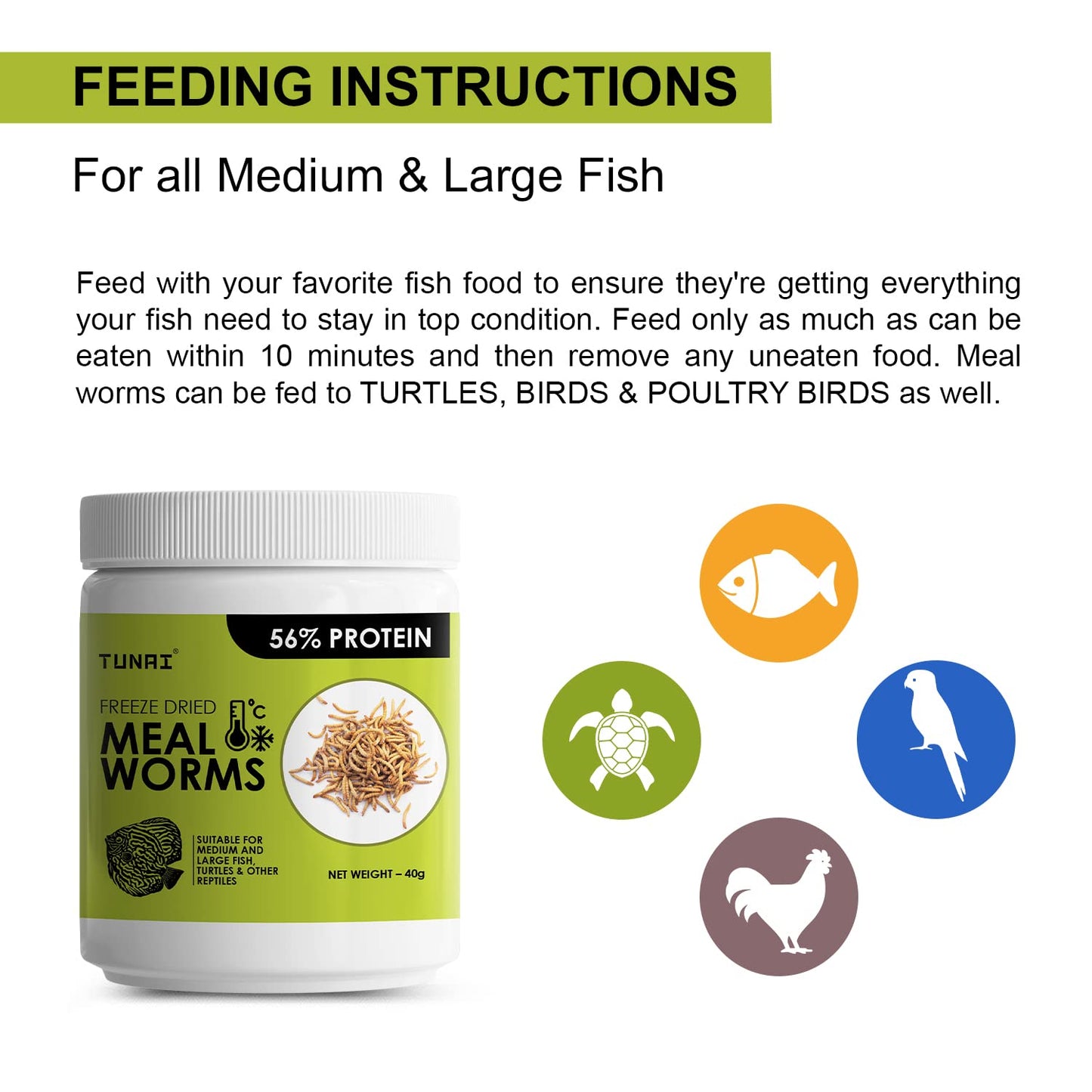 Tunai Freeze Dried Meal Worms - 56% Protein - Rich in Fibre (Suitable for Medium & Large Fish, Turtles & Other Reptiles)