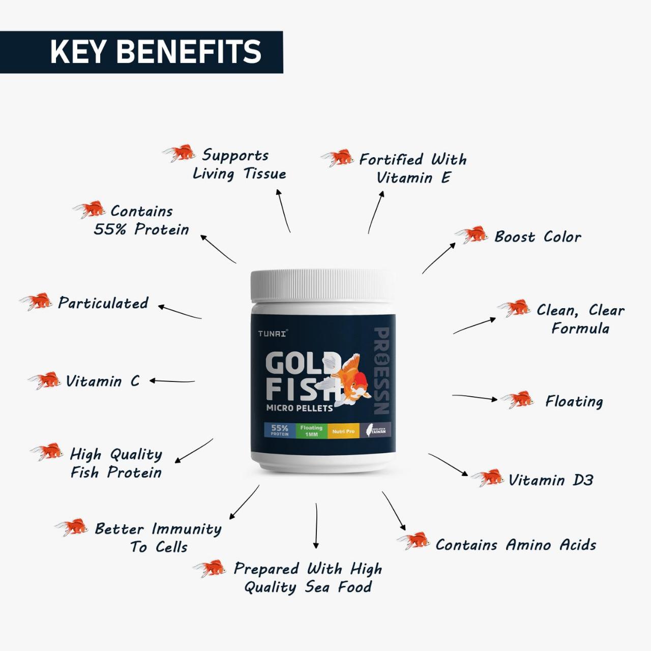 Tunai Gold Fish Food - 55% Protein - 1mm Pellet (Exclusive Taiwan-Formulated Nutrition for Goldfish)