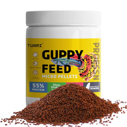 Tunai Guppy Fish Food - 55% Protein - 600 Microns - Floating Micro Pellets (Premium Taiwan Formula Designed for Guppy Fish)