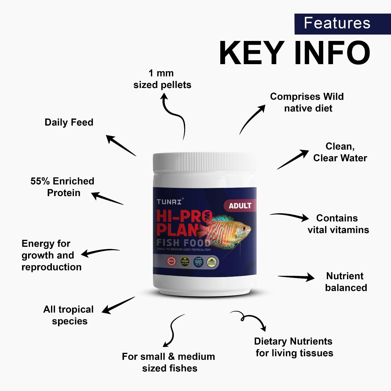 Tunai Hi-Pro Plan Fish Food for All Adult Tropical Fishes - 55% Protein - Available in 1mm and 2mm Pellets