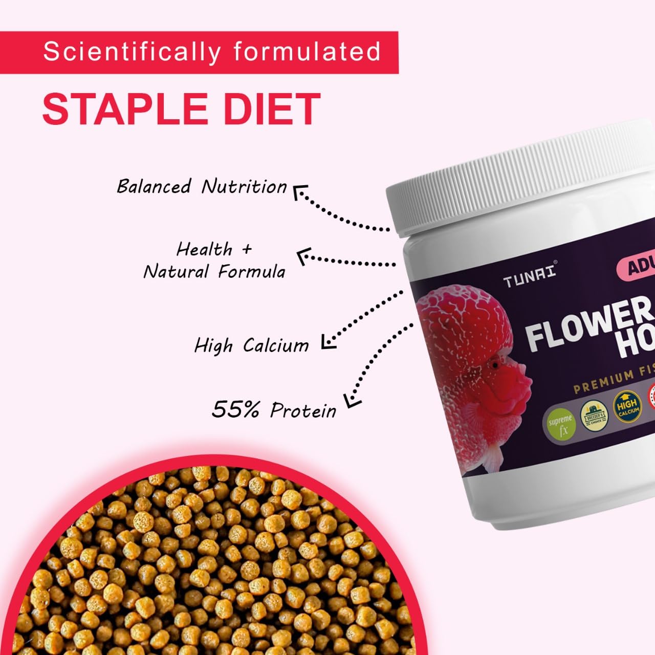 Tunai Premium Fish Food for Flowerhorn - 55% Protein - 3mm Pellets (Taiwan-Formulated for Enhanced Hump Development and Vibrant Coloration)