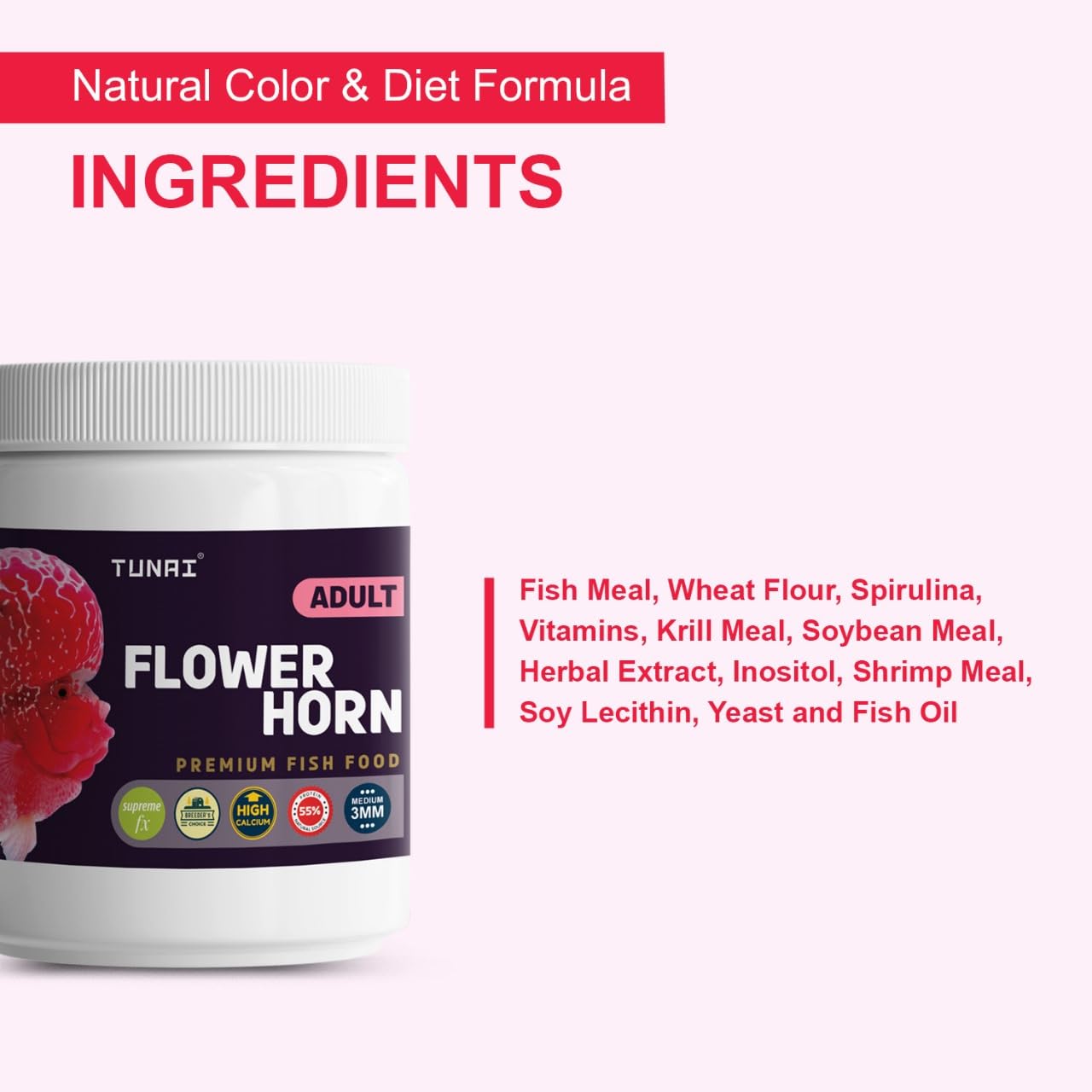 Tunai Premium Fish Food for Flowerhorn - 55% Protein - 3mm Pellets (Taiwan-Formulated for Enhanced Hump Development and Vibrant Coloration)