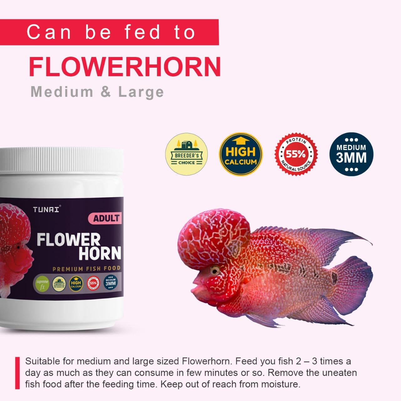 Tunai Premium Fish Food for Flowerhorn - 55% Protein - 3mm Pellets (Taiwan-Formulated for Enhanced Hump Development and Vibrant Coloration)