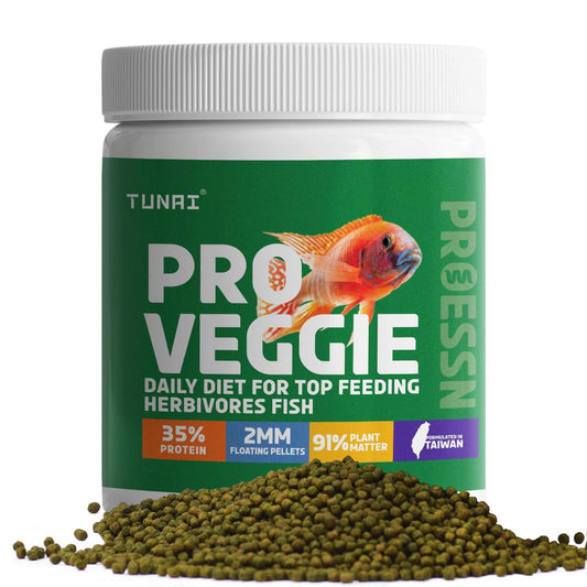 Tunai Pro Veggie Aquarium Fish Food - 35% Protein - 2mm Pellets (Daily Diet for All Top Feeding Herbivores Fishes)