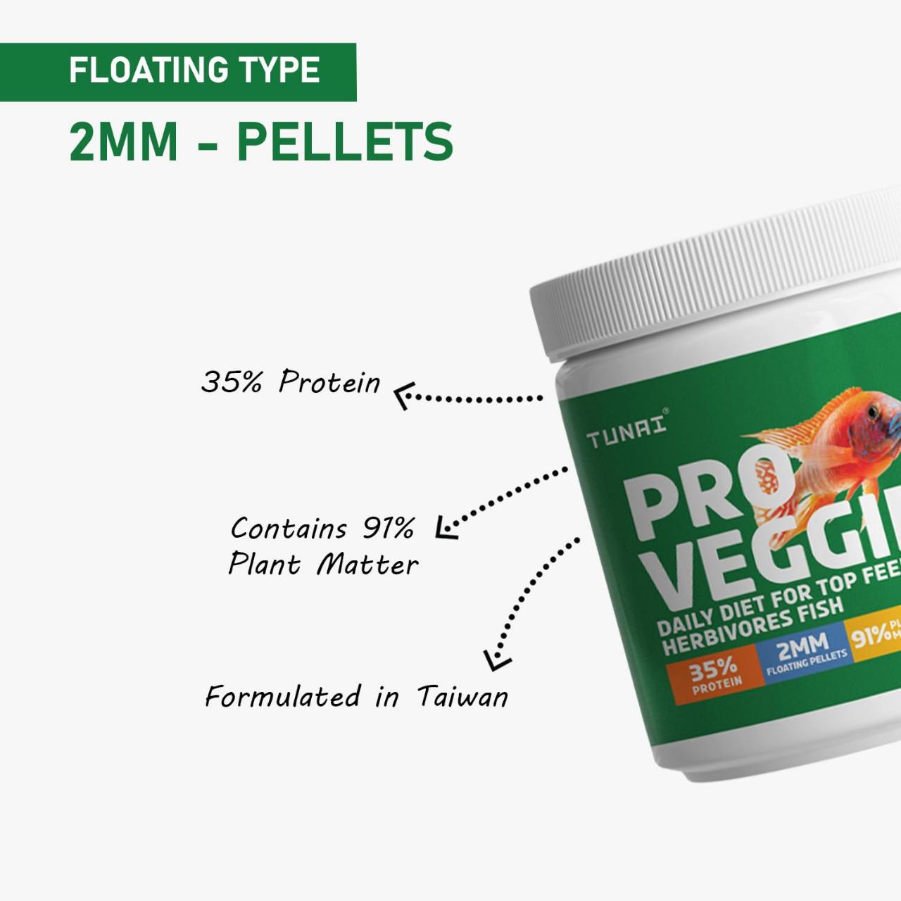 Tunai Pro Veggie Aquarium Fish Food - 35% Protein - 2mm Pellets (Daily Diet for All Top Feeding Herbivores Fishes)