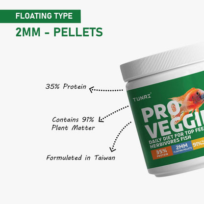 Tunai Pro Veggie Aquarium Fish Food - 35% Protein - 2mm Pellets (Daily Diet for All Top Feeding Herbivores Fishes)