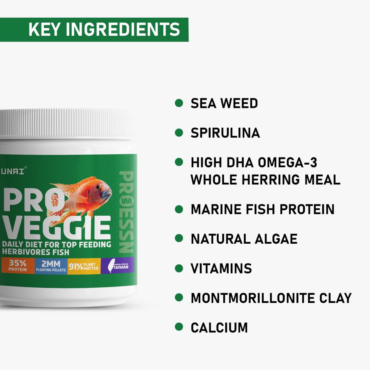 Tunai Pro Veggie Aquarium Fish Food - 35% Protein - 2mm Pellets (Daily Diet for All Top Feeding Herbivores Fishes)