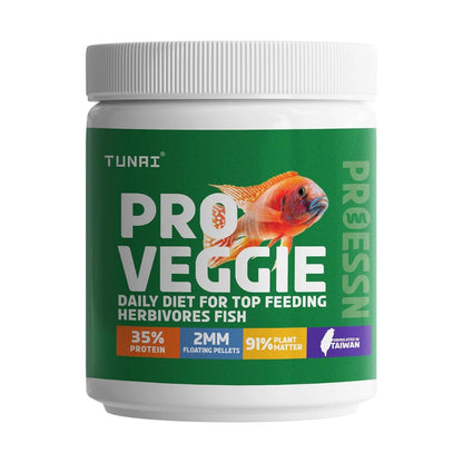Tunai Pro Veggie Aquarium Fish Food - 35% Protein - 2mm Pellets (Daily Diet for All Top Feeding Herbivores Fishes)