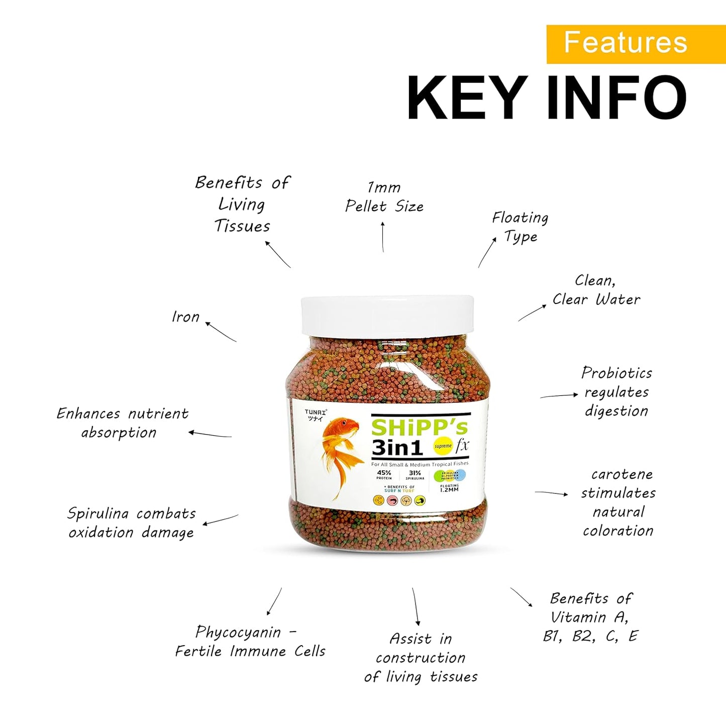 Tunai SHiPP's 3-in-1 Fish Food - 45% Protein - 31% Spirulina (For All Small and Medium Tropical Fishes)