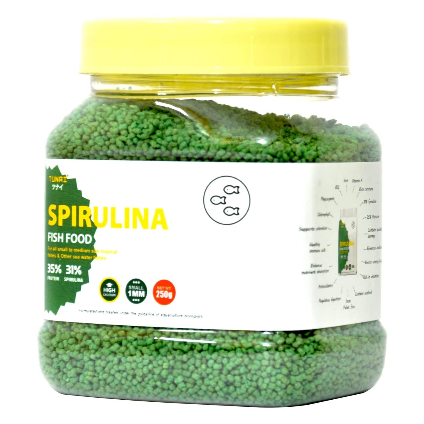 Tunai Spirulina Aquarium Fish Food - 35% Protein – 1.2mm Pellets (For all Small & Medium Size Tropical Fishes)