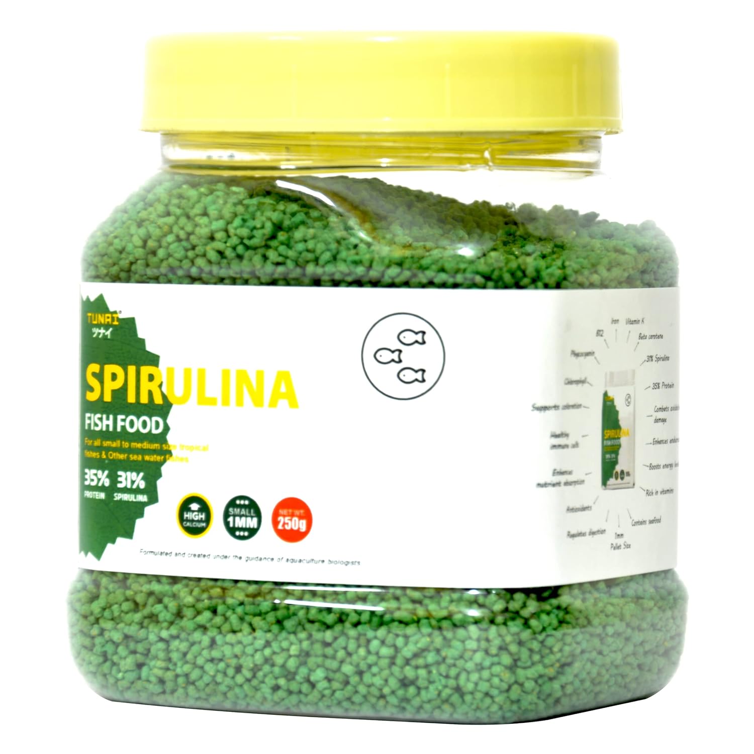 Tunai Spirulina Aquarium Fish Food - 35% Protein – 1.2mm Pellets (For all Small & Medium Size Tropical Fishes)