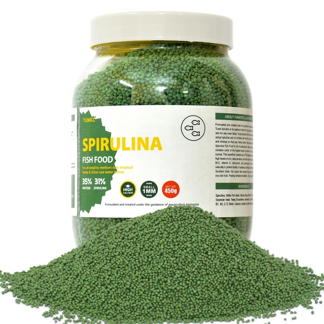 Tunai Spirulina Aquarium Fish Food - 35% Protein – 1.2mm Pellets (For all Small & Medium Size Tropical Fishes)