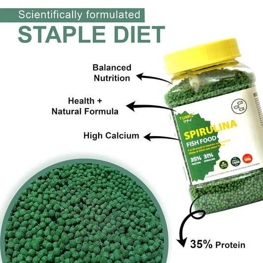 Tunai Spirulina Aquarium Fish Food - 35% Protein – 1.2mm Pellets (For all Small & Medium Size Tropical Fishes)