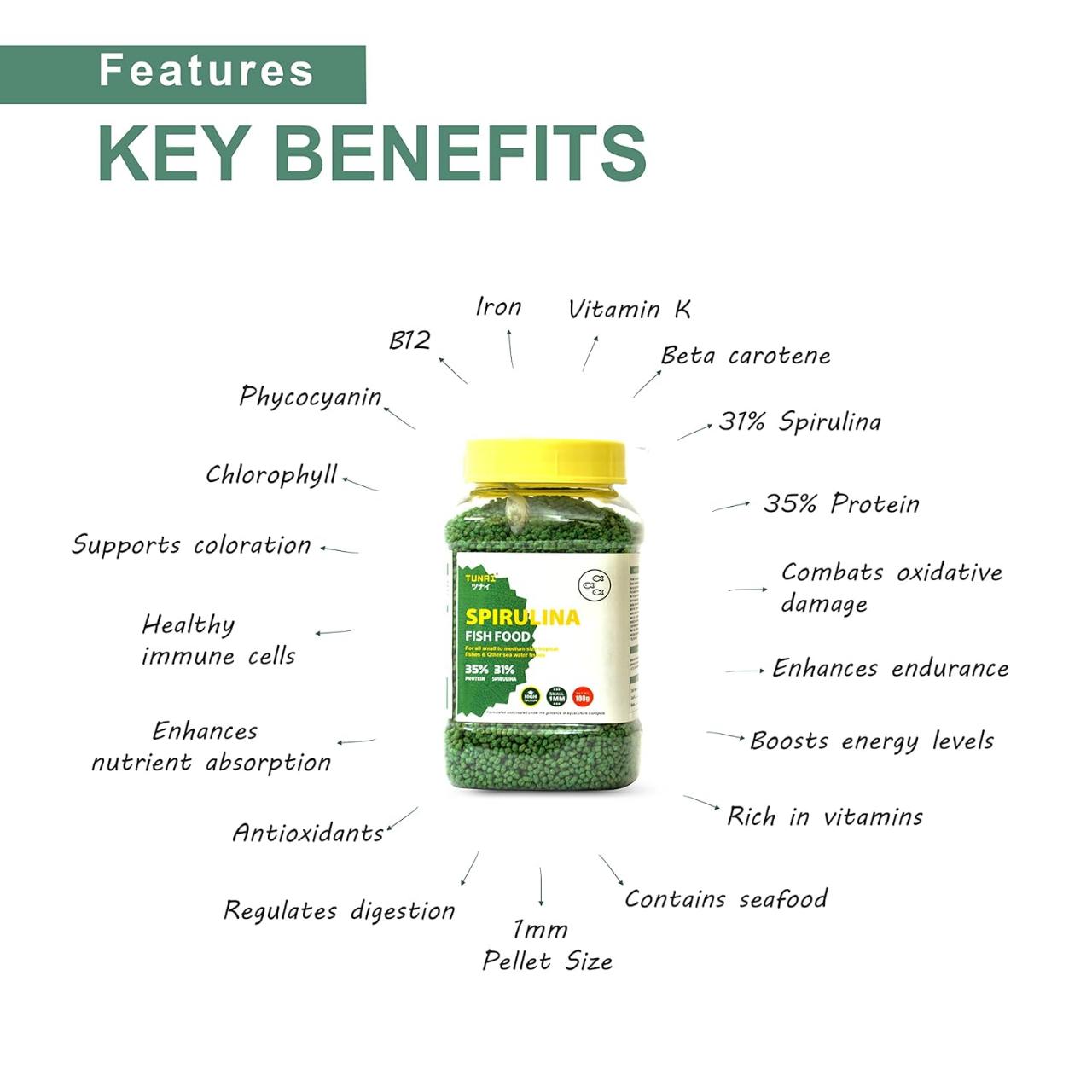 Tunai Spirulina Aquarium Fish Food - 35% Protein – 1.2mm Pellets (For all Small & Medium Size Tropical Fishes)