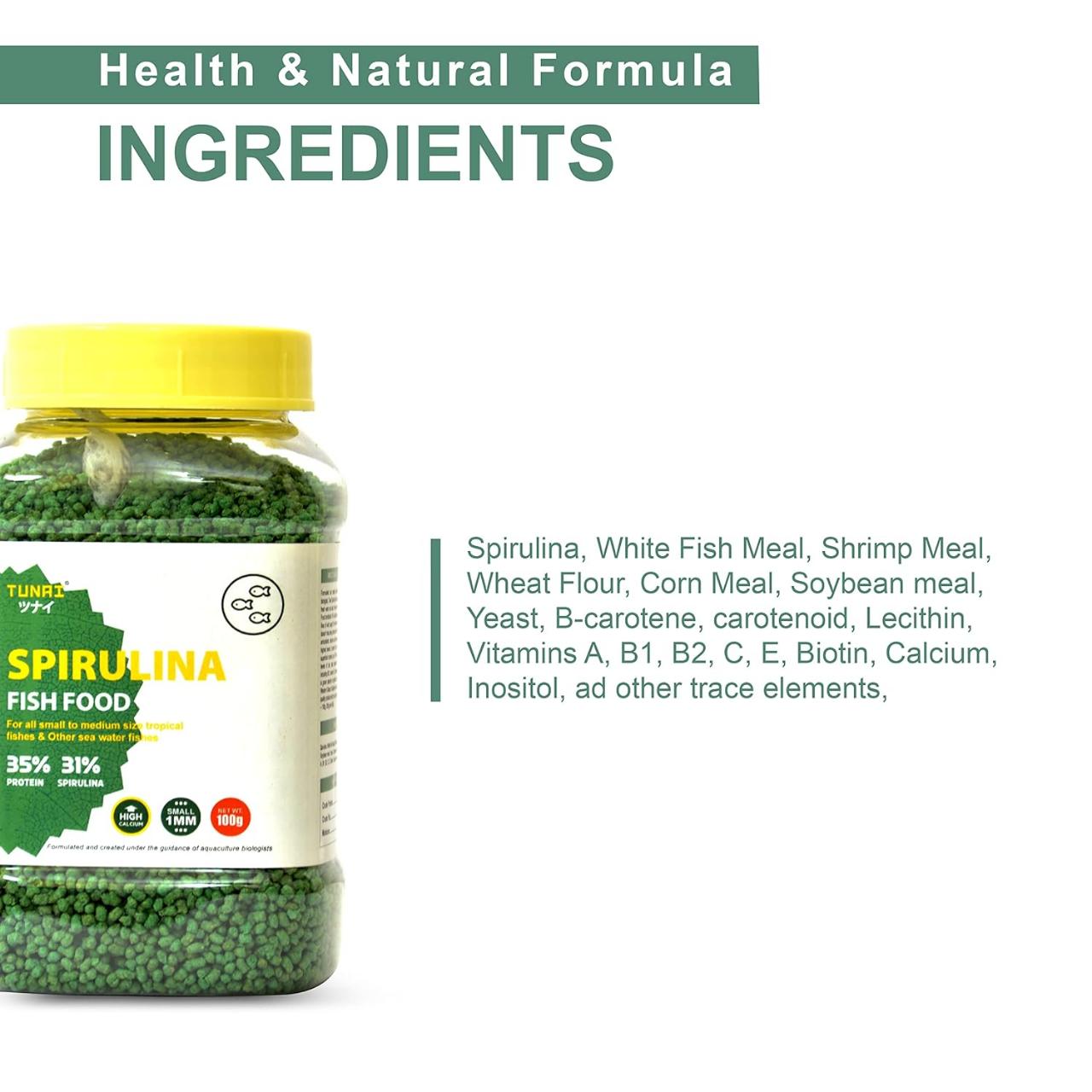 Tunai Spirulina Aquarium Fish Food - 35% Protein – 1.2mm Pellets (For all Small & Medium Size Tropical Fishes)