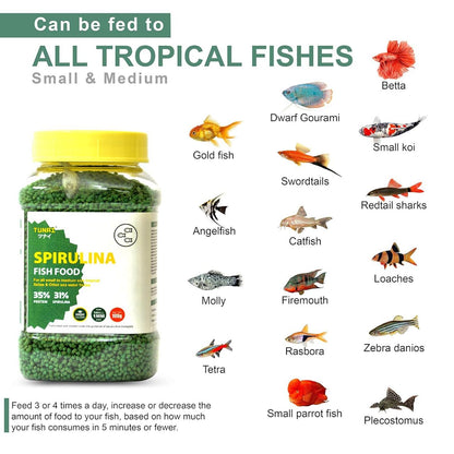 Tunai Spirulina Aquarium Fish Food - 35% Protein – 1.2mm Pellets (For all Small & Medium Size Tropical Fishes)