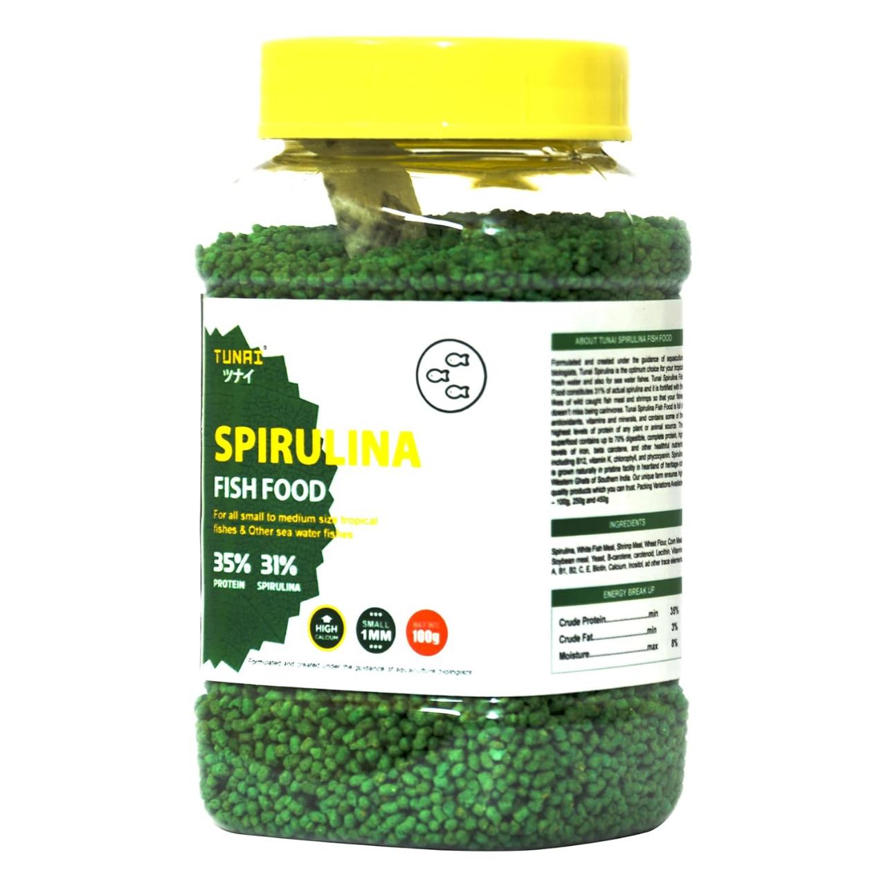 Tunai Spirulina Aquarium Fish Food - 35% Protein – 1.2mm Pellets (For all Small & Medium Size Tropical Fishes)