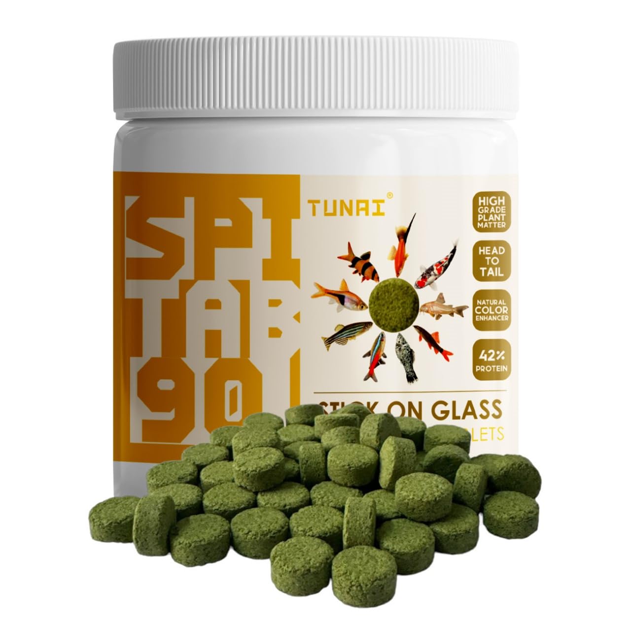 Tunai SPITAB Stick-On Glass Fish Food - 42% Protein - 90 Tablets ( Supports Fish Growth, Boosts Immunity and Enhances Vibrant Coloration)