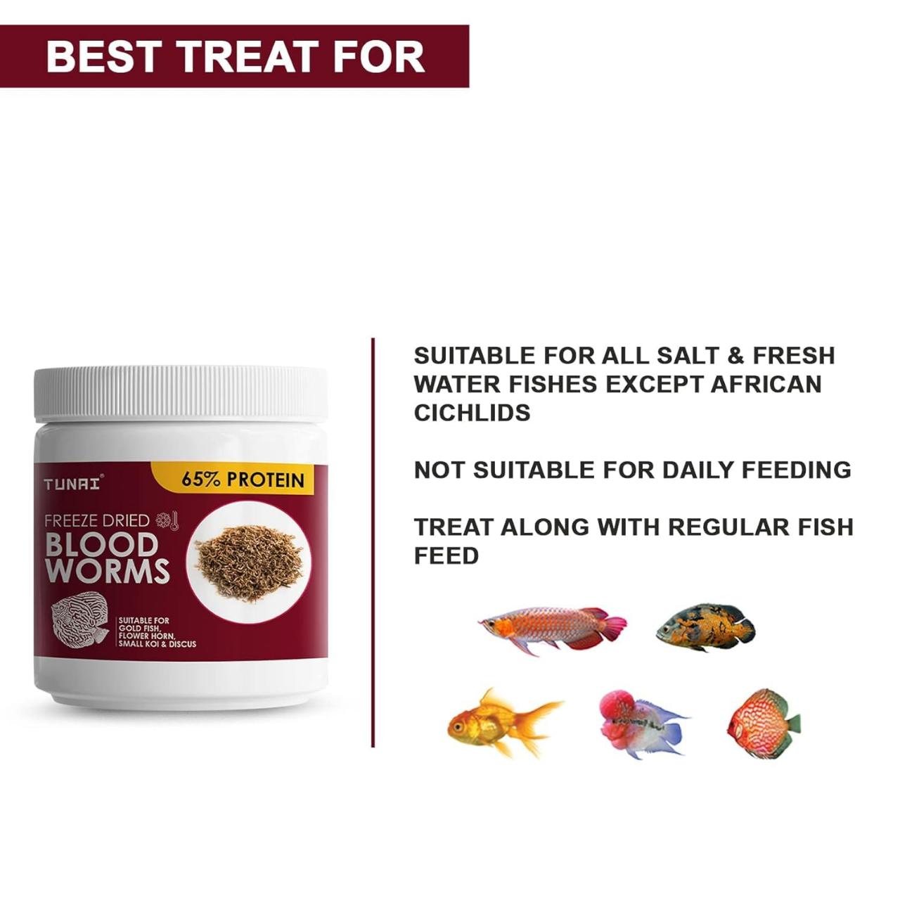 Tunai Superior Freeze Dried Blood Worms Fish Food - 65% Protein  (Natural Fish Food for Tropical Fishes)