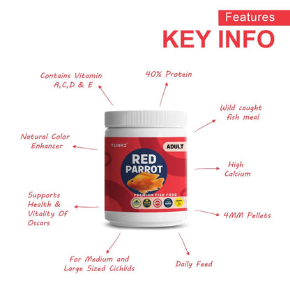 Tunai Adult Red Parrot Fish Food - 40% Protein - 4mm Pellets (Supreme Fx Formula )