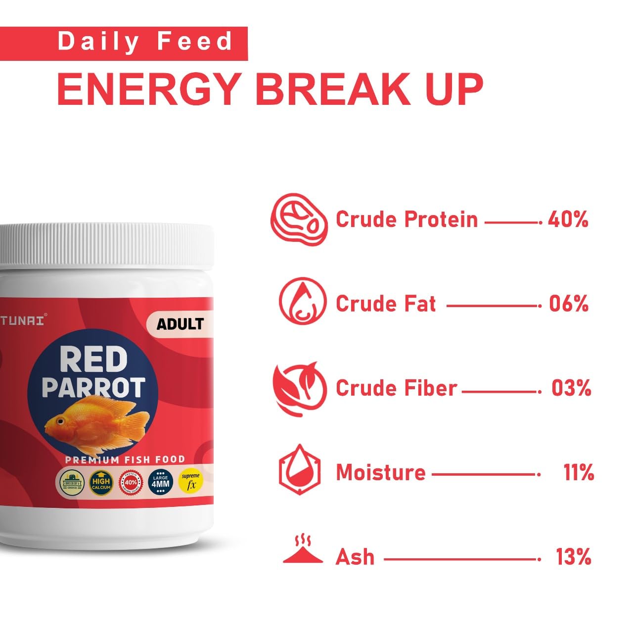 Tunai Adult Red Parrot Fish Food - 40% Protein - 4mm Pellets (Supreme Fx Formula )